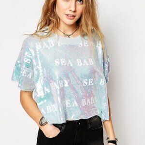 Wildfox White Label Sea Babe Sequin Cropped T Shirt Size XS